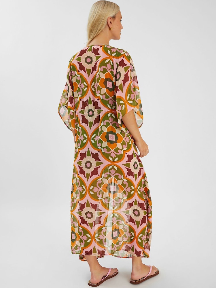 Accessorize Pink Retro Floral Print Chiffon Maxi Kaftan - Image 2 of 4