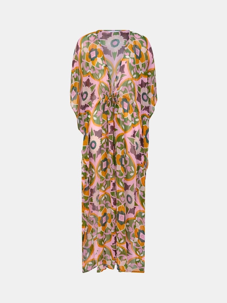 Accessorize Pink Retro Floral Print Chiffon Maxi Kaftan - Image 4 of 4