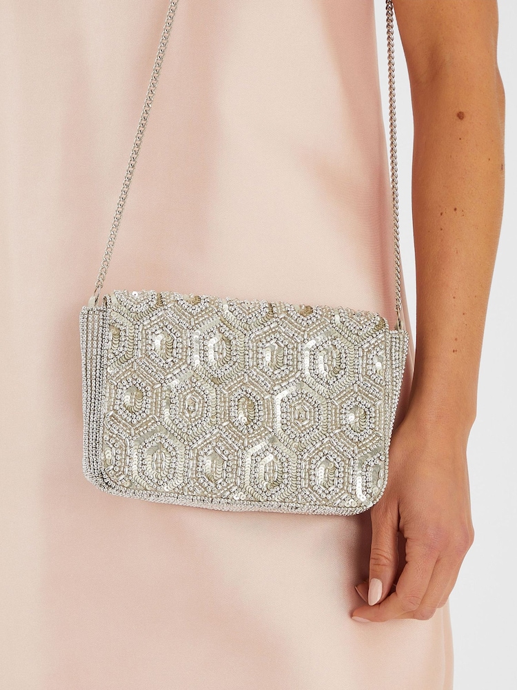 Accessorize Silver Embellished Fold Over Clutch Bag - Image 1 of 2 Accessorize Silver Embellished Fold Over Clutch Bag - Image 1 of 2