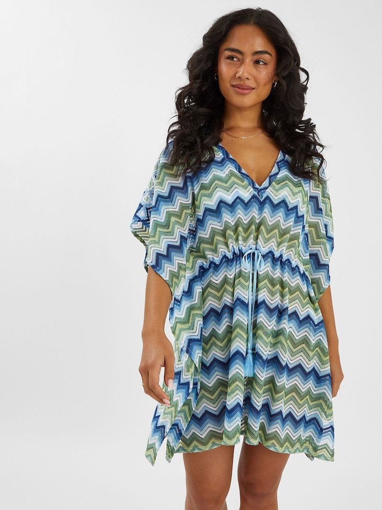 Accessorize Blue Zig Zag Crochet Mini Kaftan - Image 1 of 4 Accessorize Blue Zig Zag Crochet Mini Kaftan - Image 1 of 4