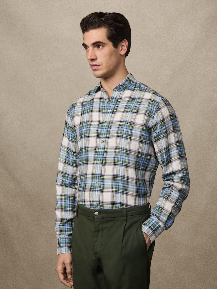 Hackett Classic Fit Green 100% Linen Madras Shirt - Image 2 of 7