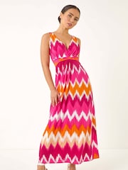 Roman Pink Petite Aztec Print V-Neck Maxi Dress - Image 2 of 5