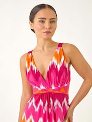 Roman Pink Petite Aztec Print V-Neck Maxi Dress - Image 4 of 5