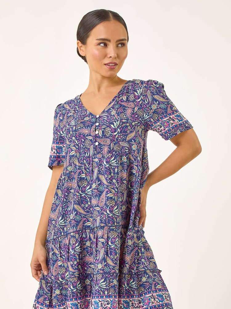 Roman Blue Petite Floral Print Paisley Tiered Dress - Image 1 of 5