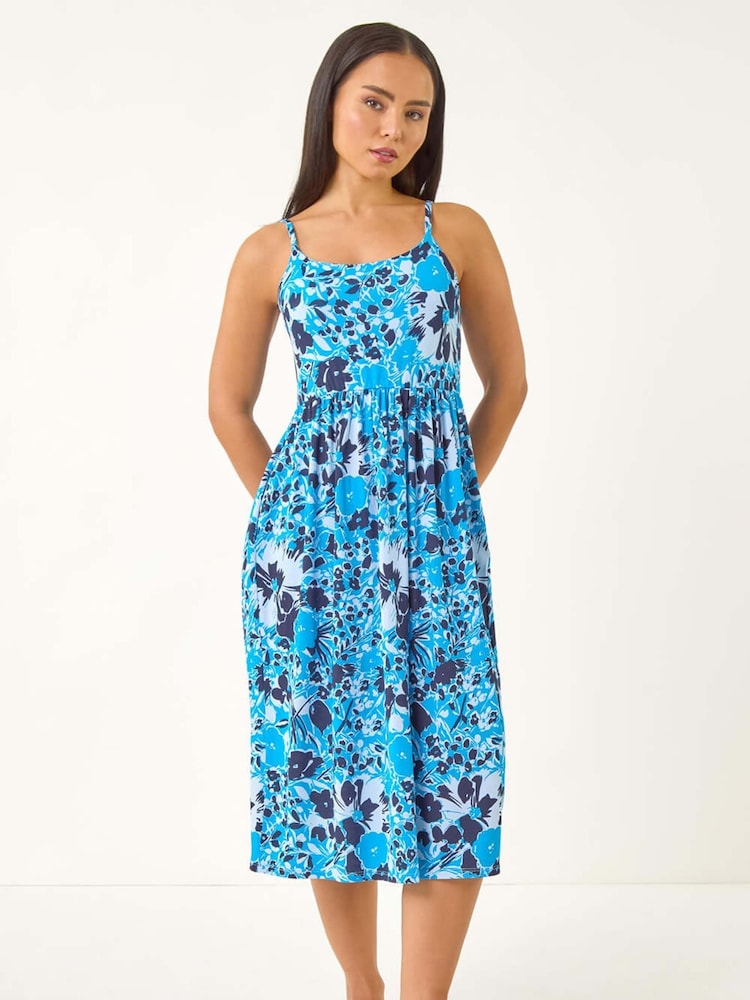 Roman Blue Petite Floral Print Strap Midi Dress - Image 2 of 5