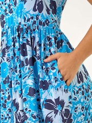 Roman Blue Petite Floral Print Strap Midi Dress - Image 5 of 5