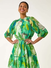 Roman Green Abstract Print Button Shirt Dress - Image 4 of 5