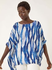 Azul - Blusa Abstrata Roman com Botões - Imagem 2 de 5