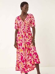 Roman Pink Floral Print V-Neck Shirred Midi Dress - Image 1 of 5