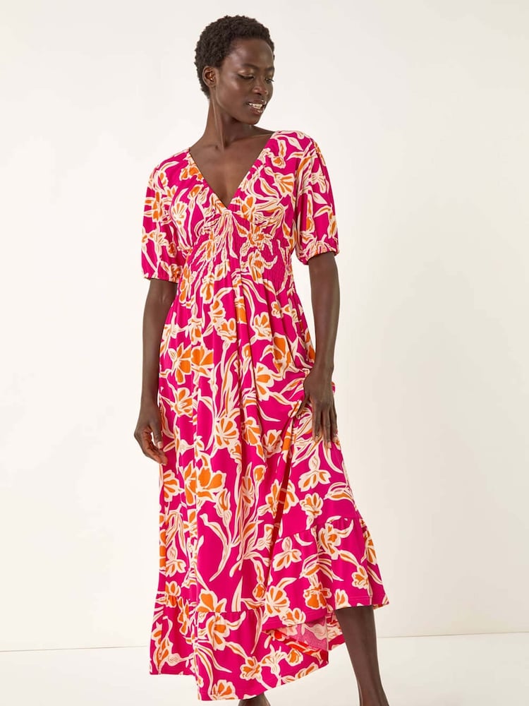 Roman Pink Floral Print V-Neck Shirred Midi Dress - Image 1 of 5