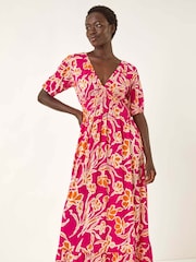 Roman Pink Floral Print V-Neck Shirred Midi Dress - Image 2 of 5