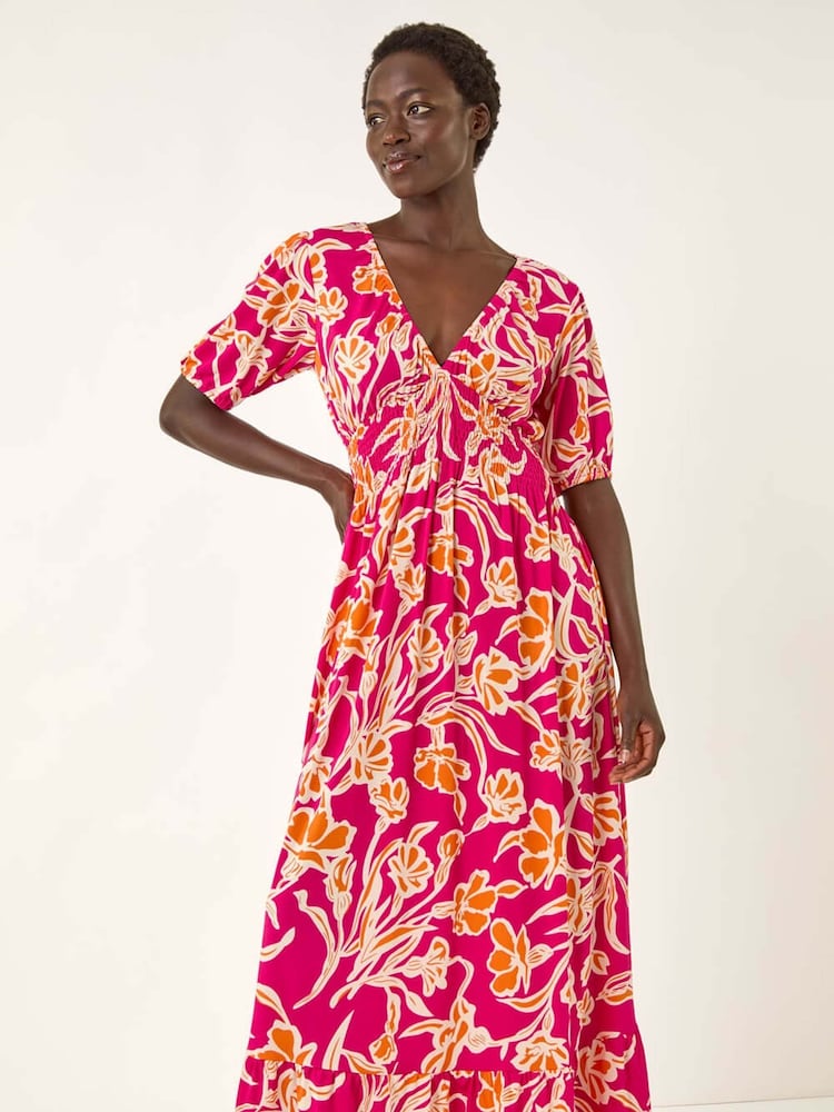 Roman Pink Floral Print V-Neck Shirred Midi Dress - Image 2 of 5