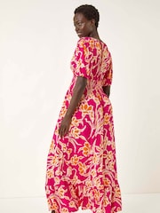 Roman Pink Floral Print V-Neck Shirred Midi Dress - Image 3 of 5