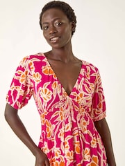 Roman Pink Floral Print V-Neck Shirred Midi Dress - Image 4 of 5