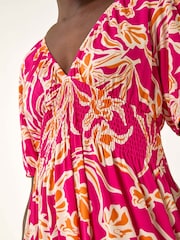Roman Pink Floral Print V-Neck Shirred Midi Dress - Image 5 of 5