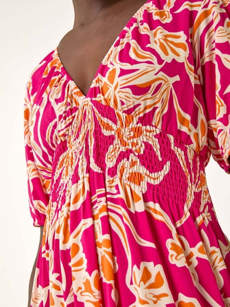 Roman Pink Floral Print V-Neck Shirred Midi Dress - Image 5 of 5