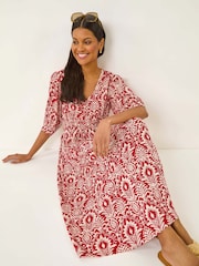 Vestido midi com estampa abstrata romana e decote em V - Imagem 1 de 5