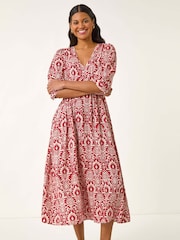 Vestido midi com estampa abstrata romana e decote em V - Imagem 2 de 5