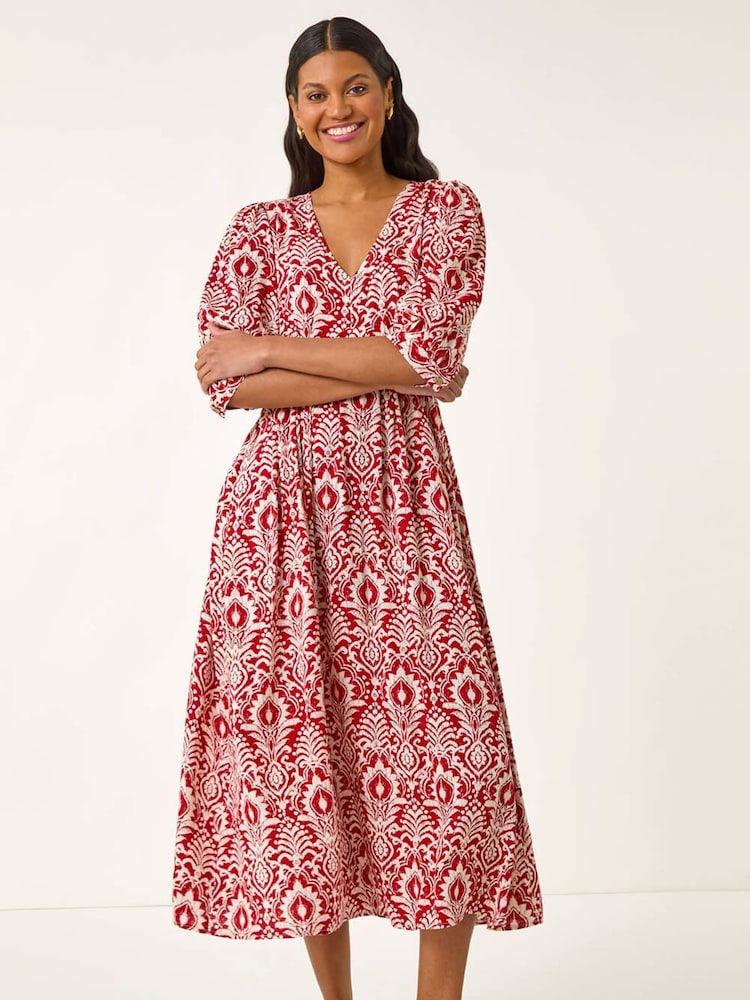 Vestido midi com estampa abstrata romana e decote em V - Imagem 2 de 5