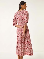Vestido midi com estampa abstrata romana e decote em V - Imagem 3 de 5