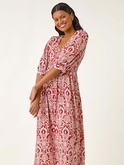 Vestido midi com estampa abstrata romana e decote em V - Imagem 4 de 5