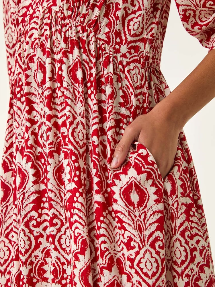 Vestido midi com estampa abstrata romana e decote em V - Imagem 5 de 5