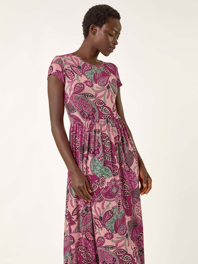 Roman Pink Paisley Print Short Sleeve Midi Dress - Image 1 of 5