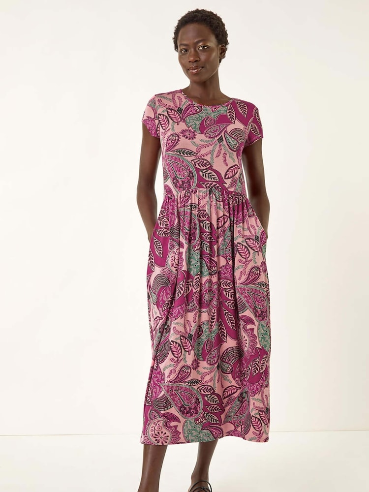 Roman Pink Paisley Print Short Sleeve Midi Dress - Image 2 of 5