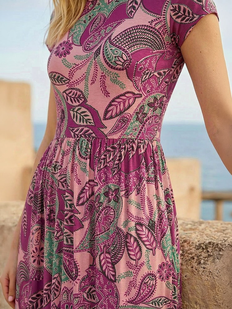 pink paisley midi dress Pink Paisley Floral Block Print Cotton Ruffle Midi Wrap Dress 30" / Petite (5'1" and below)