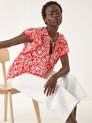 Roman Red Floral Print Frill Sleeve Tie Blouse - Image 1 of 5