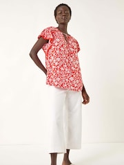 Roman Red Floral Print Frill Sleeve Tie Blouse - Image 2 of 5
