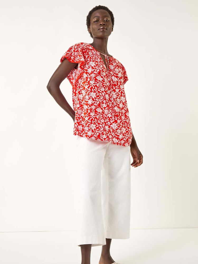 Roman Red Floral Print Frill Sleeve Tie Blouse - Image 2 of 5