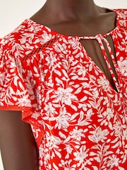 Roman Red Floral Print Frill Sleeve Tie Blouse - Image 5 of 5