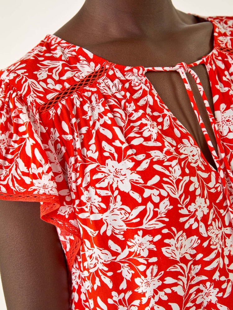 Roman Red Floral Print Frill Sleeve Tie Blouse - Image 5 of 5