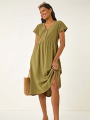 Verde - Vestido midi com botões estilo linho romano - Imagem 1 de 5