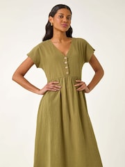 Verde - Vestido midi com botões estilo linho romano - Imagem 2 de 5