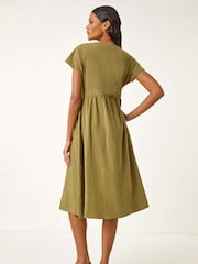 Verde - Vestido midi com botões estilo linho romano - Imagem 3 de 5