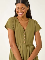 Verde - Vestido midi com botões estilo linho romano - Imagem 4 de 5
