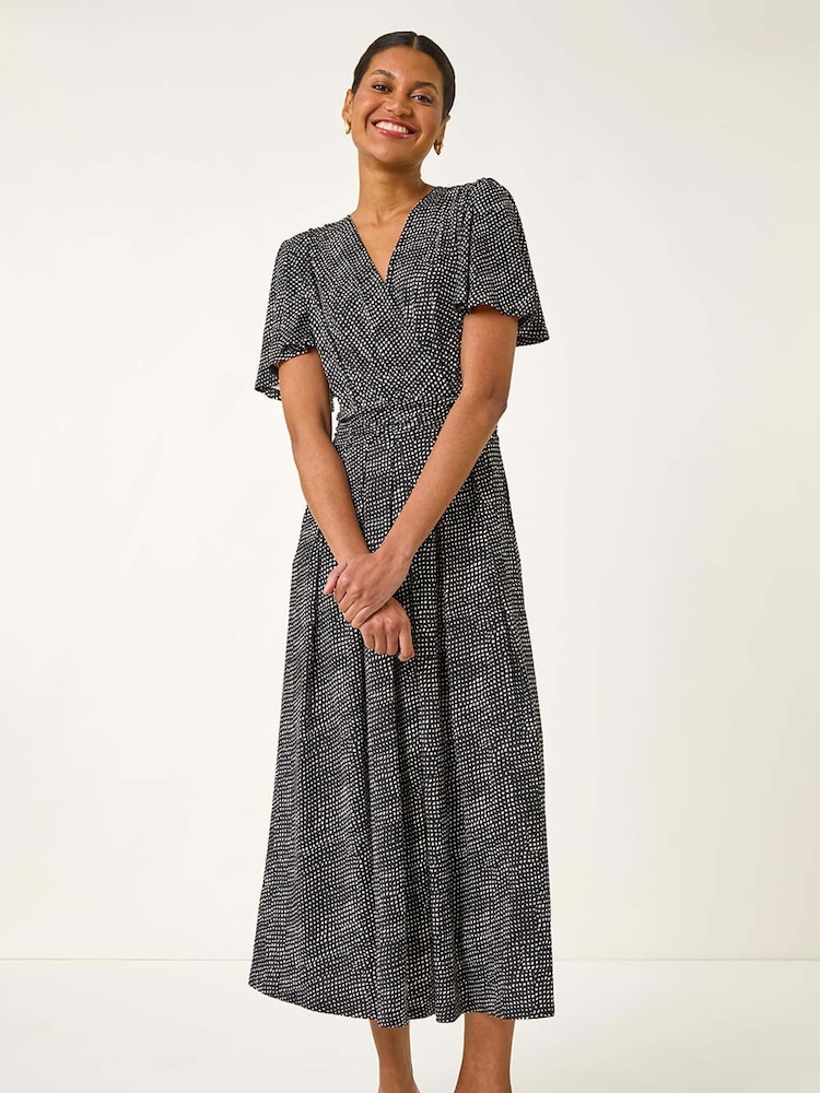 Roman Black Spot V-Neck Midi Wrap Dress - Image 1 of 5