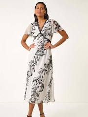 Roman White Lace Trim V-Neck Chiffon Midi Dress - Image 1 of 5