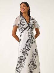 Roman White Lace Trim V-Neck Chiffon Midi Dress - Image 2 of 5