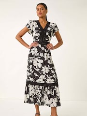 Roman Black Floral Print Lace Trim Midi Dress - Image 2 of 5