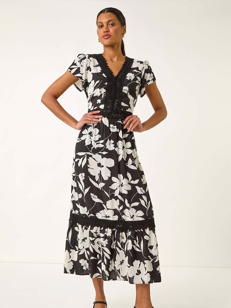 Roman Black Floral Print Lace Trim Midi Dress - Image 2 of 5