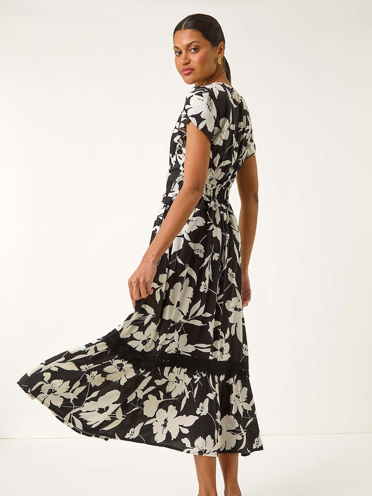 Womens Roman Black Floral Print Lace Trim Midi Dress US 10