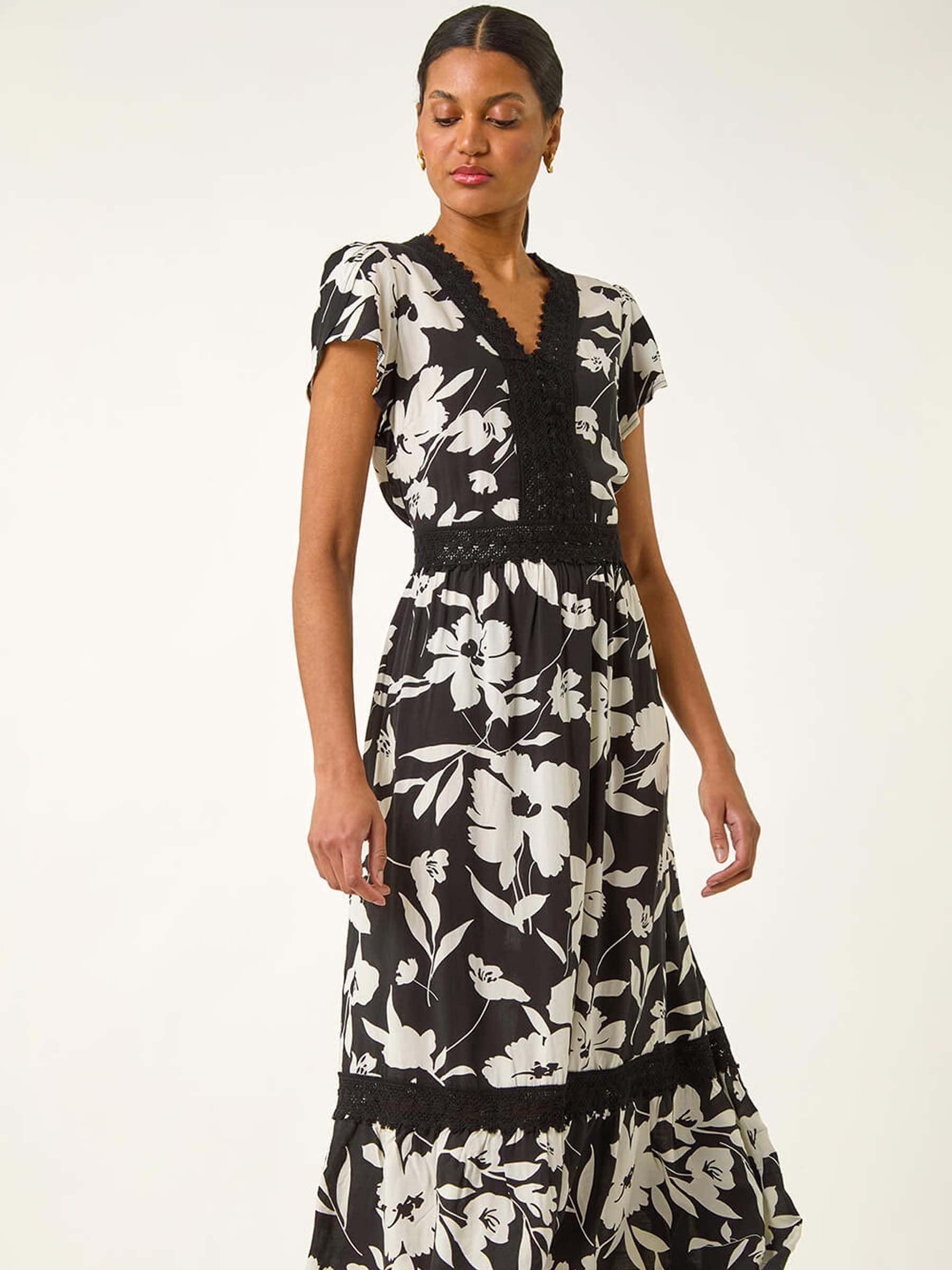 Buy Roman Black Floral Print Lace Trim Midi Dress from the Next UK