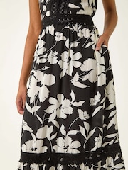 Roman Black Floral Print Lace Trim Midi Dress - Image 5 of 5