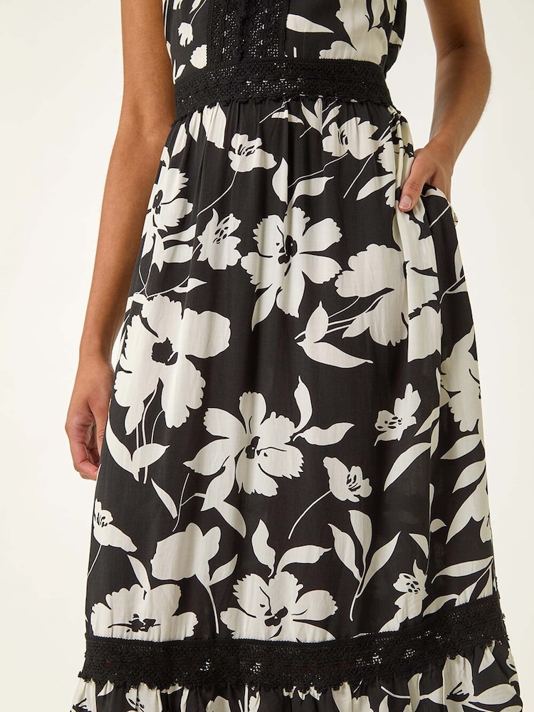 Roman Black Floral Print Lace Trim Midi Dress - Image 5 of 5
