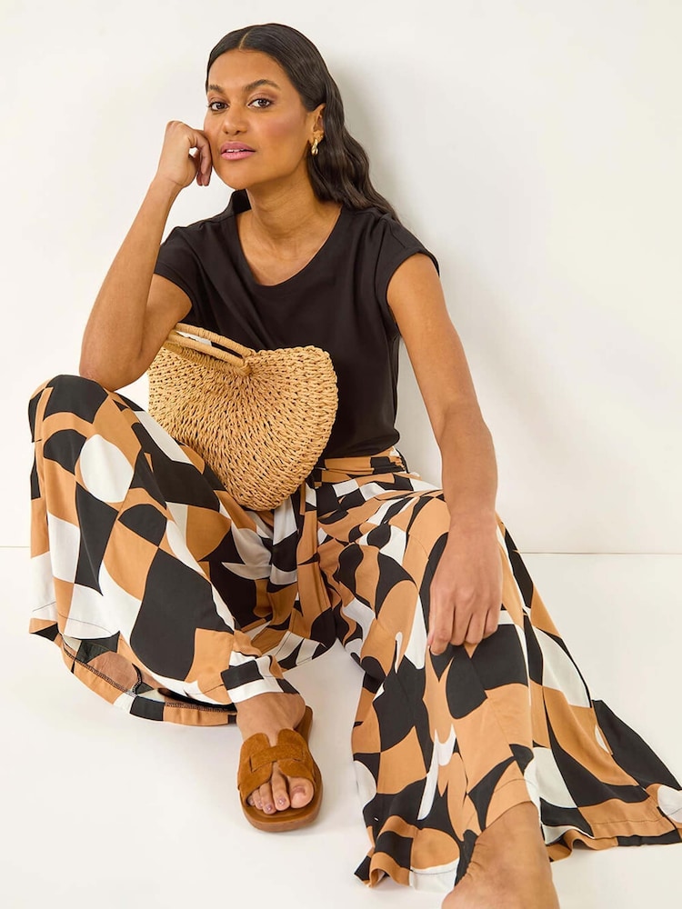 Roman Black Geometric Print Tie Waist Stretch Trousers - Image 1 of 5
