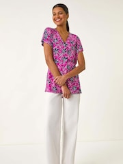Roman Floral Print Pleat Front Stretch Blouse - Imagem 2 de 5