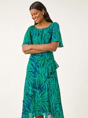 Roman Blue Leaf Print Chiffon Frill Midi Dress - Image 1 of 5